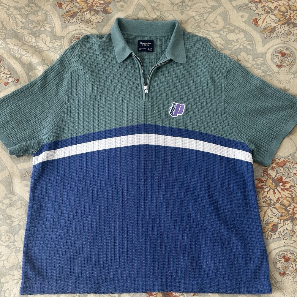 Abercrombie & Fitch x Prince Men's Polo Shirt XXL Green Blue Zip Tennis Prep